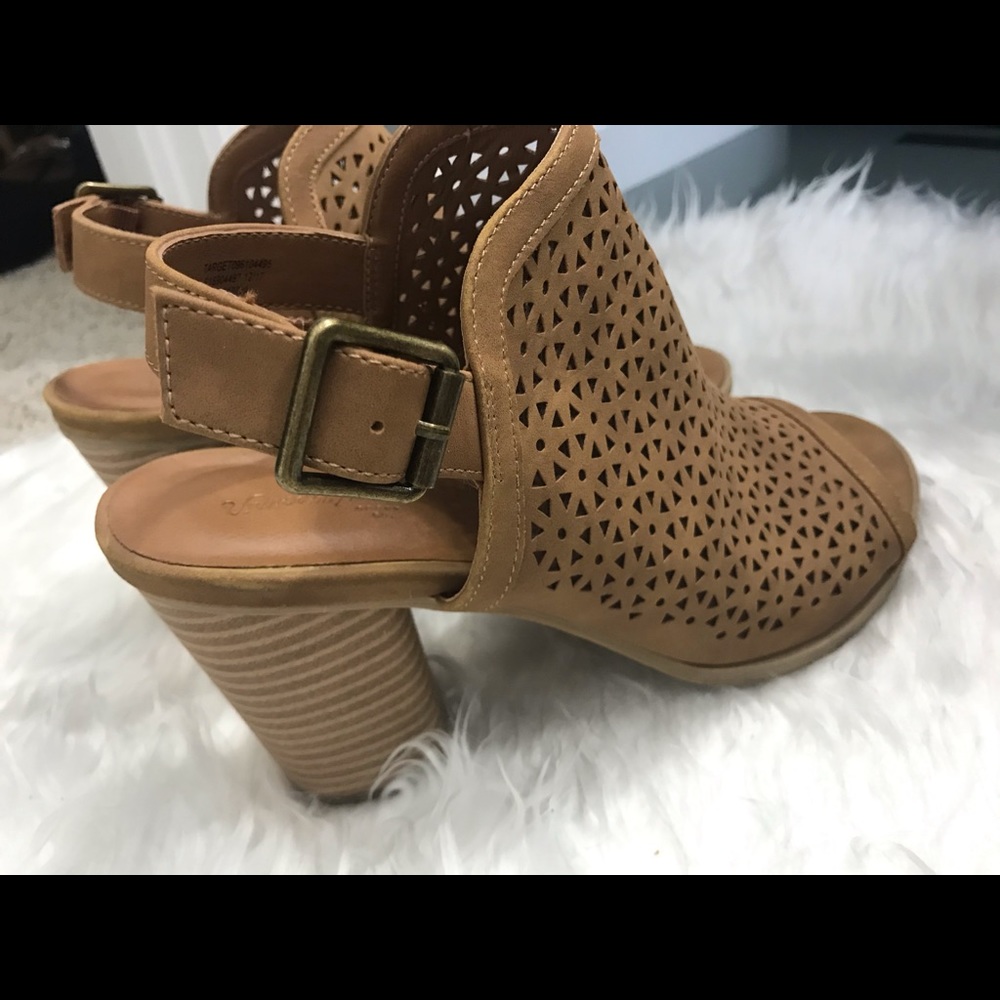 Camel Micro suede open toe heeled pumps